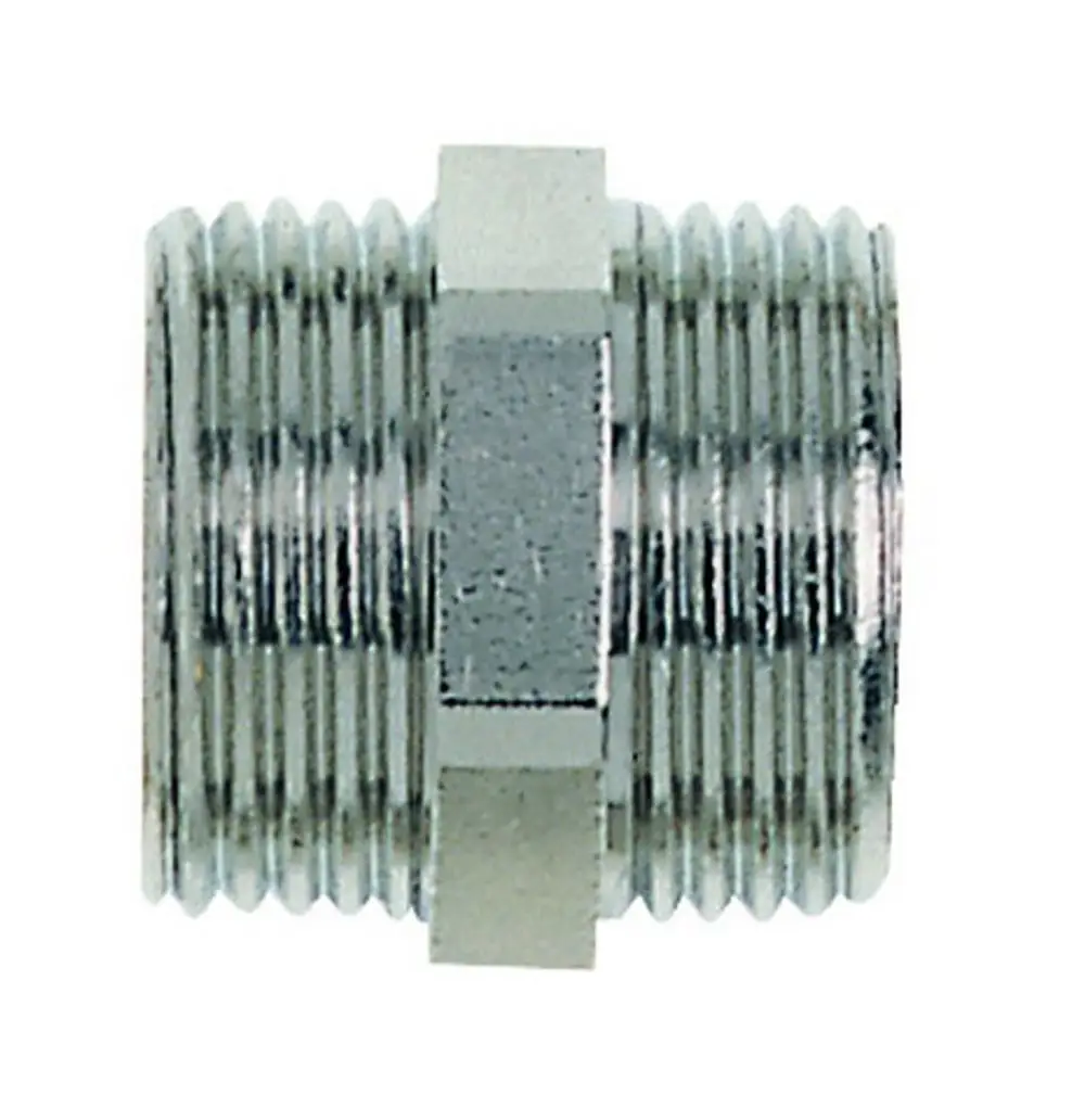Metallener Doppelnippel mit Außengewinde, verwendet für Rohrverbindungen. Hergestellt von IMI Hydronic Engineering.